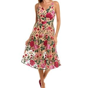 Sam Edelman- PINK ROSE EMBROIDERY V-NECK MIDI DRESS